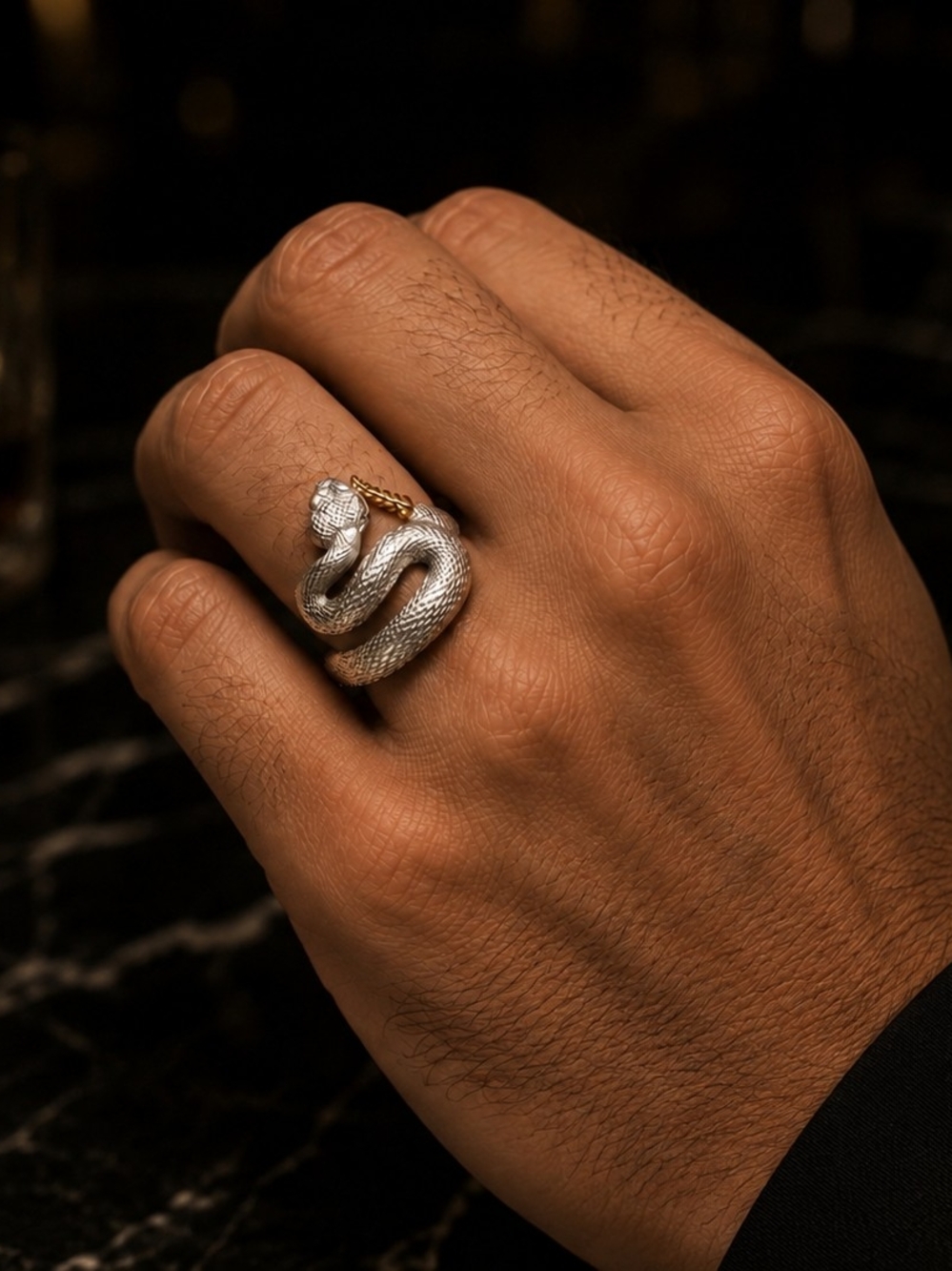 Unisex Silver & Gold Snake Statement Ring - Picture 7 of 7